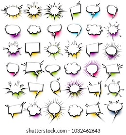 Big set drawn pictures effects. Blank template comics speech bubble halftone dot background pop art style. Empty Comic dialog cloud, space text pop-art. Creative idea conversation sketch explosion.