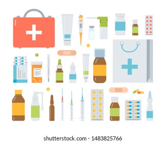 Big set of drugs, medical bottles, tablets, capsules, sprays, ointments, injections, thermometers. Pharmacy, medicine and healthcare concept isolated on white background. Flat vector illustration.