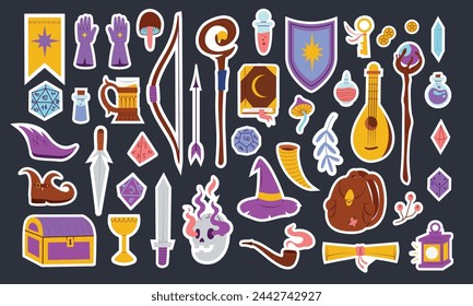 Big set with Dungeons and Dragons stickers illustrations, role playing board game objects, hand drawn isolated vector