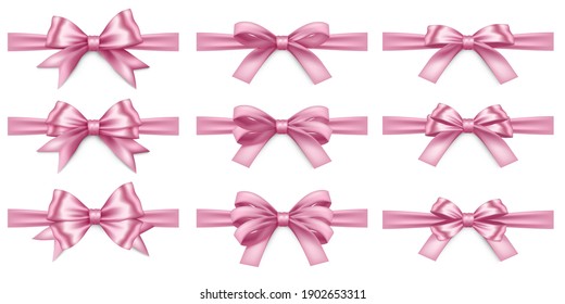 Big set of ealistic pink ribbons and bows on white background. Pink bow for decor isolated. Holiday Decorations. Vector illustration