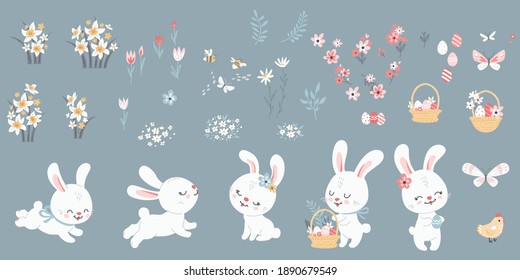 Big set of Easter bunnies,eggs, chickens and flowers