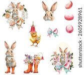 Big set with Easter bunny, baby chicken, flowers, eggs in watercolour style. Happy esater concept. Spring flowers, eggs, grass.