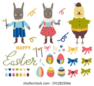 big set easter, easter bunny, happy easter, traditional, religion, vintage, lettering happy easter, vector, cartoon, collection, egg, set, rabbit, bunny, illustration, childhood, card, child, decorati