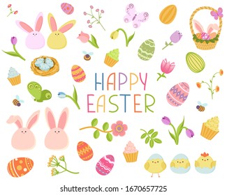 Big set of Easter design elements. Eggs, chickens, butterfly, rabbit, tulips, flowers, nest, basket. Perfect for decorating Easter and spring greeting cards.