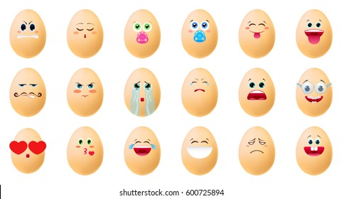 Big set of easter eggs with face. Vector illustration in cartoon style.
