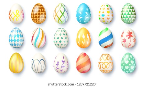 Big set of Easter eggs isolated on white background. Hand made collection of Easter eggs lying on the surface with different textures and paintings. Realistic icons for spring holidays