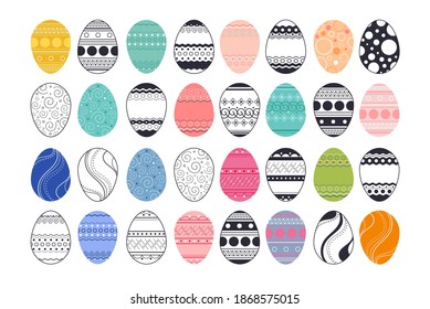 Big set of Easter eggs vector icons with pattern. Colored and black and white contour decorative elements for festive products. Traditional attribute. Flat images for the design of banners and cards.