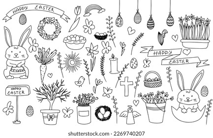 Big set of Easter symbols in doodle style. Vector illustration.