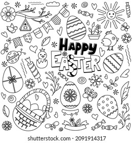 Big Set Of Easter Symbols And Objects, Hand-drawn, Doodles. Happy Easter, Eggs Decorated With Patterns, Basket With Eggs, Chickens, Birds, Spring Flowers, Treats. Vector Elements On White Background