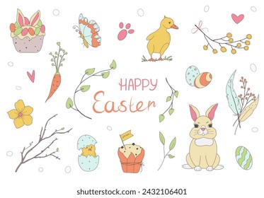 Big set of Easter theme illustration. Bunny, eggs, flowers and more. Elements are hand drawn. Flat style, sketch, doodle