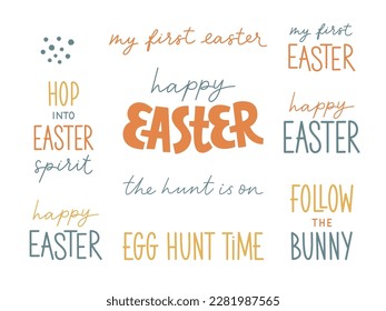 Big set of Easter vector hand lettering  sign. Happy Easter, Egg hunt time, my first Easter. For greeting card, poster, banner, sticker