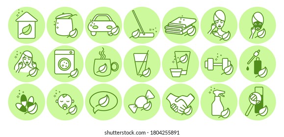 Iconos de productos ecológicos de gran tamaño.Para una empresa que proporciona productos ecológicos para el hogar, coches, cuidados cosméticos para adultos y niños. Productos alimenticios, pruebas genéticas, reseñas. Ilustración del vector aislada en blanco