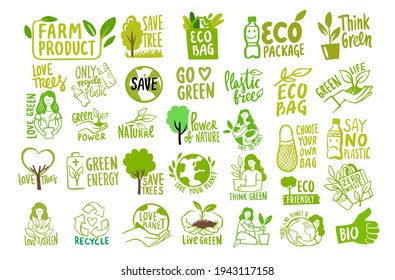 Big set of Ecologic labels. Eco safe emblems, green safe plant. Sticker zero waste