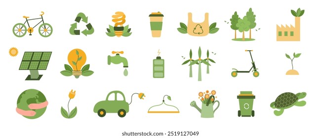 Big set of ecology elements. Environmental protection. Save the Earth, plants, forests. Preserve the ecology of the planet. Eco friendly. Sustainable living concept. Green energy. Vector illustration.