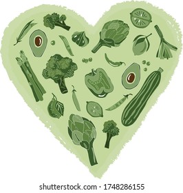 gran conjunto de ecología mano verde dibujado deliciosas verduras frescas en el marco del corazón Dibujo gráfico plano ilustración vectorial. 
Broccoli, Leek, Onion, Green Pea, Pepper, Lemon, Lime, Zucchini, Artichoke, Asparagus