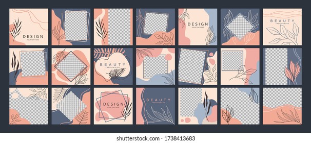 Big set of editable layout templates for social media posts, mobile apps, banner or flyer design. Textured background with trendy color shapes and hand drawn leaves