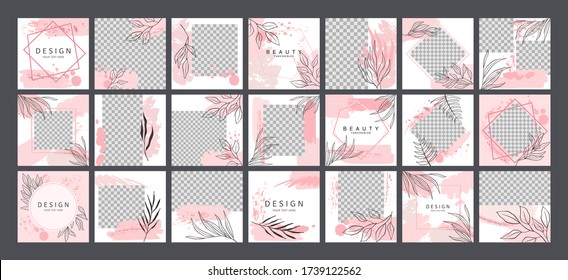 Big set of editable layout templates for social media posts, mobile apps, banner or flyer design. Post photo frame templates with pastel pink brush strokes and hand drawn leaves