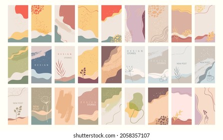 Big set of editable layout templates for social media story posts, mobile apps, banner or flyer design. Textured background with trendy color shapes, hand drawn leaves and flowers
