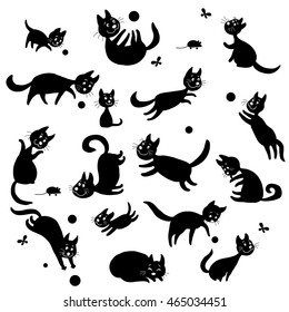 Big set of editable vector silhouettes of cats. Fifteen different amazing cats sitting, jumping, playing, standing and sleeping.  Isolated. A wonderful collection of animals for sweet designs