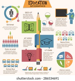 Big set of education infographic elements with creative statistical graphs, charts and illustration of  various educational supplies.