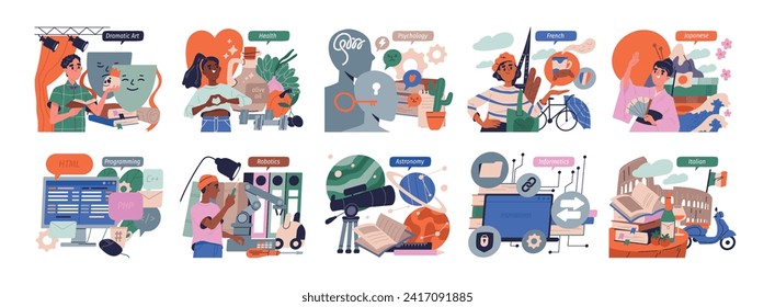 Big set of educational class. Happy students studying school subject. Knowledge and learning. Programming, psychology, health, astronomy. Cartoon flat vector illustrations isolated on white background
