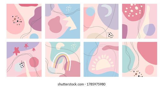 Big Set of eight abstract backgrounds and Pastel colors. Hand drawn various shapes and doodle objects. Vector illustrations.