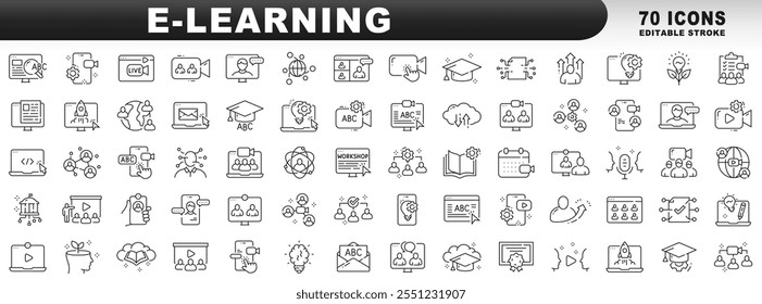 Big set of e-learning related line icons. Education, online, seminar, conference etc. Editable stroke