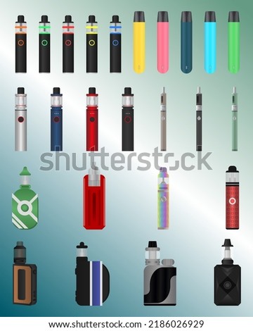 Big set of electronic cigarettes. Vape. Vector illustration