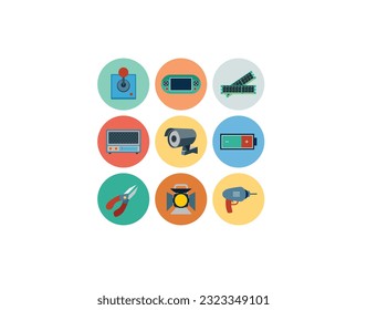 gran conjunto de dispositivos electrónicos en gris.proceso creativo, negocios y finanzas, oficina y negocios, seguridad y protección, compras y comercio, educación y conocimiento, tecnología y hardware.
