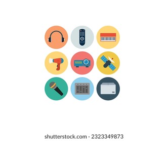 big set of electronic devices on gray .creative process, business and finance, office and business, security and protection, shopping and commerce, education and knowledge, technology and hardware.
