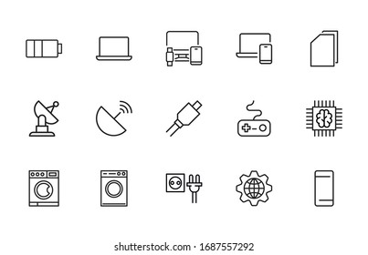 Große Anzahl von Elektroniklinien-Symbolen. Vektorillustration einzeln auf weißem Hintergrund. Symbole in Premium-Qualität. Schlagt Vektorsymbole für Concept- oder Web-Grafiken. Einfache Dünnzeilenzeichen. 