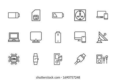 Große Anzahl von Elektroniklinien-Symbolen. Vektorgrafik einzeln auf weißem Hintergrund. Symbole in Premium-Qualität. Schlagt Vektorsymbole für Concept- oder Web-Grafiken. Einfache Dünnzeilenzeichen. 
