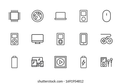Big set of electronics line icons. Vector illustration isolated on a white background. Premium quality symbols. Stroke vector icons for concept or web graphics. Simple thin line signs. 
