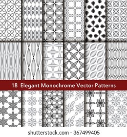 Big set of elegant black and white patterns. Seamless monochrome patterns set. Patterns in gray, white and black colors of abstract geometric objects, leaves and flowers.