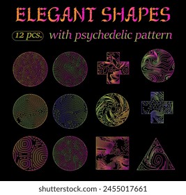 Big set of elegant geometric shapes with glitchy trippy pattern in neon colors.