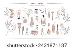Big set of elements for beauty salon. Nail polish,  manicured female hands, beautiful woman face, lipstick, eyelash extension, makeup, hairdressing. Vector illustrations