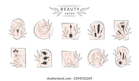 Big set of elements for beauty salon. Nail polish,  manicured female hands and legs, beautiful woman face, eyelash extension, makeup, hairdressing. Black and white vector illustrations