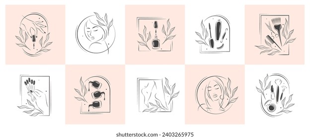 Gran conjunto de elementos para el salón de belleza. Amalte de uñas, manos y piernas femeninas manicuradas, hermosa cara de mujer, extensión de pestañas, maquillaje, peluquería. Ilustraciones vectoriales en blanco y negro