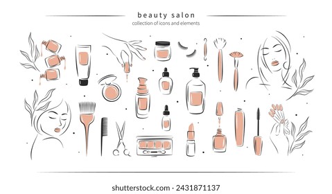 Gran conjunto de elementos para salón de belleza. Esmalte de uñas, manos femeninas manicuradas, cara de mujer hermosa, lápiz de labios, extensión de pestañas, maquillaje, peluquería. Ilustraciones vectoriales