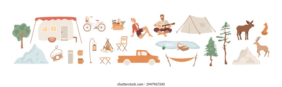 Big set of elements for camping. People, tent, boat in the lake, fire and furniture. Hills, wild animals and trees. Isolated forest and beach vacation, recreation objects. Camper van, pickup truck