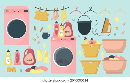 Big Set Of Elements For Cleaning And Washing In The House. Washing Machine With Laundry. Baskets For Laundry And Storage Of Small Things, Home Comfort, Restoring Order In The House. A Flat Vector Set.