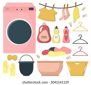 Big Set Of Elements For Cleaning And Washing In The House. Washing Machine With Laundry. Baskets For Laundry And Storage Of Small Things, Home Comfort, Restoring Order In The House. A Flat Vector Set.