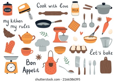 Un gran conjunto de elementos para cocinar. Herramientas de cocina hechas a mano. Ilustración vectorial de corte