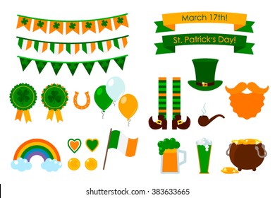 Big set elements for the day of St. Patrick. Flat vector illustration in cartoon style. Isolated on white background.