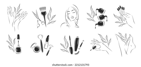 Big set of elements and icons for beauty salon.Black and white cosmetics silhouettes  set. Nail polish,  beautiful woman face,  eyelash extension, makeup, hairdressing. Vector illustrations