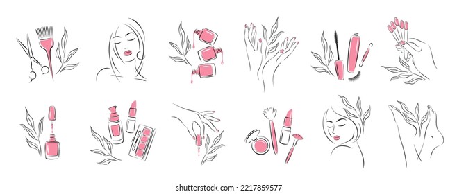 Big set of elements and icons for beauty salon. Nail polish,  manicured female hands and legs, beautiful woman face, lipstick, eyelash extension, makeup, hairdressing. Vector illustrations