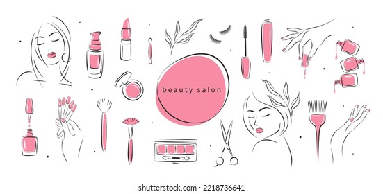 Big set of elements and icons for beauty salon. Nail polish,  manicured female hands, beautiful woman face, lipstick, eyelash extension, makeup, hairdressing. Vector illustrations