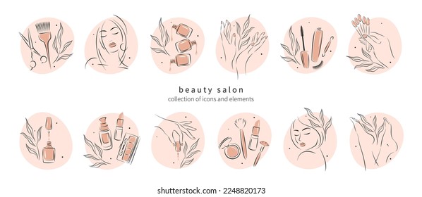Big set of elements and icons for beauty salon. Nail polish,  manicured female hands and legs, beautiful woman face, lipstick, eyelash extension, makeup, hairdressing. Vector illustrations