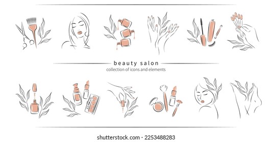 Big set of elements and icons for beauty salon. Nail polish,  manicured female hands and legs, beautiful woman face, lipstick, eyelash extension, makeup, hairdressing. Vector illustrations