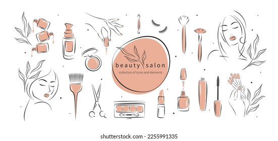 Big set of elements and icons for beauty salon. Nail polish,  manicured female hands, beautiful woman face, lipstick, eyelash extension, makeup, hairdressing. Vector illustrations